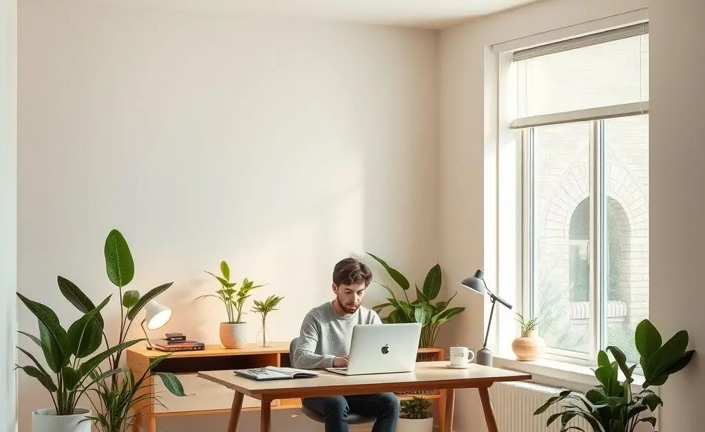 A cozy, minimalist office with plants and a person working on a laptop