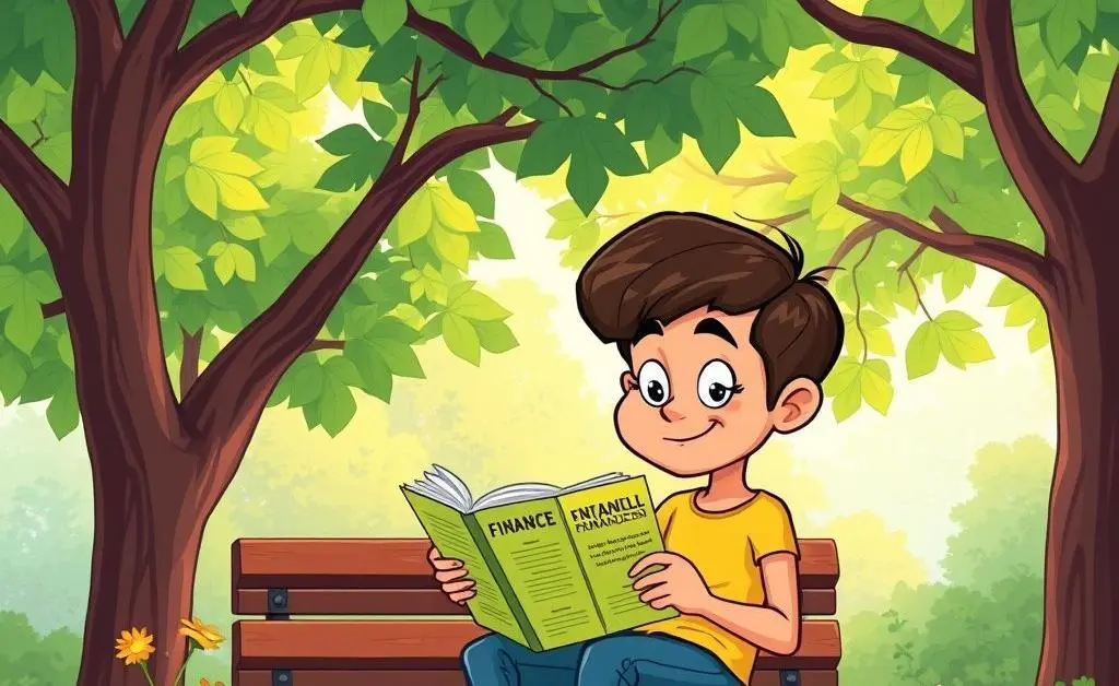 A cartoon image of someone reading a financial book in a serene park setting
