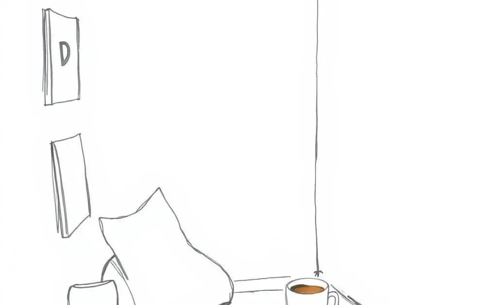 Minimalist drawing of a cozy corner for personal reflection, with notes and a cup of tea.