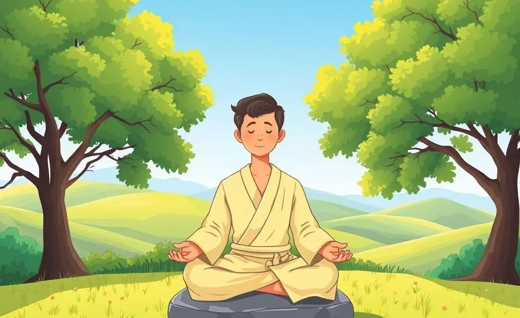 A cartoon-style scene of a person meditating in a tranquil outdoor setting.