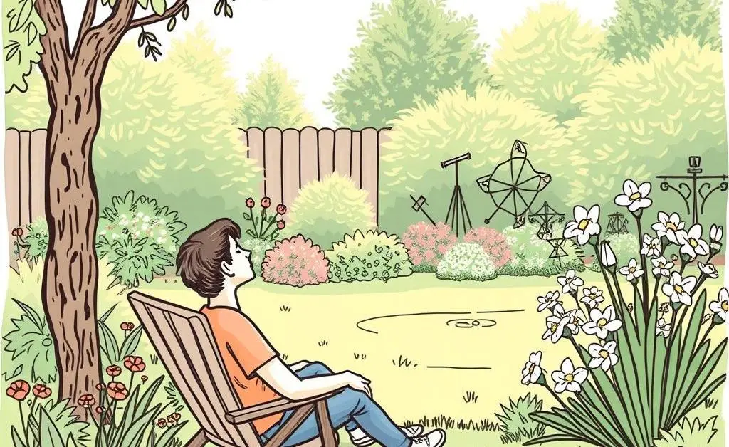 Illustration of a person reflecting in a peaceful garden setting.