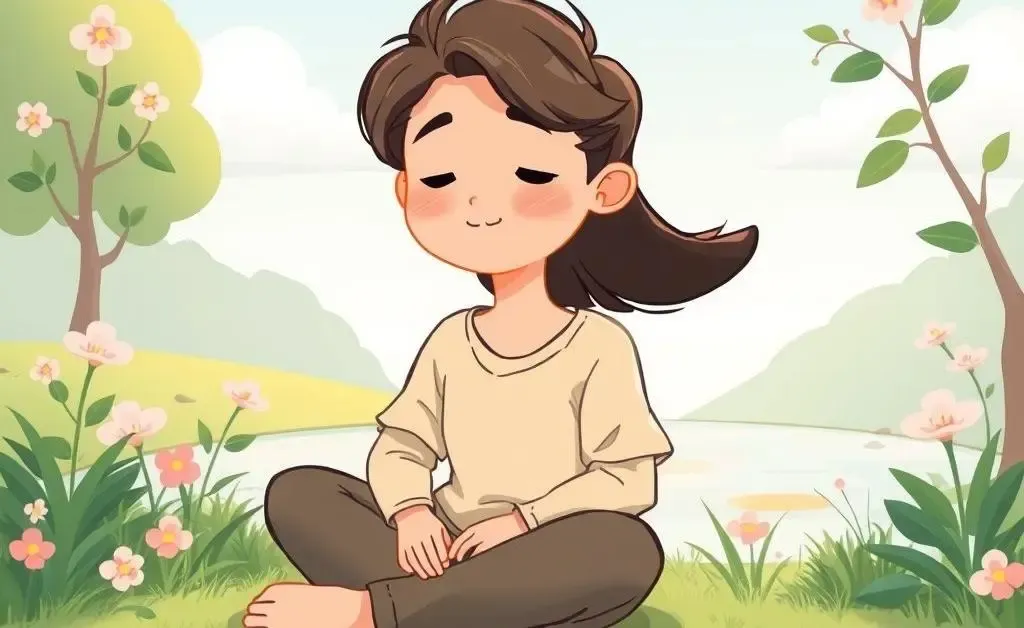 Cartoon of a person reflecting peacefully in a serene environment.