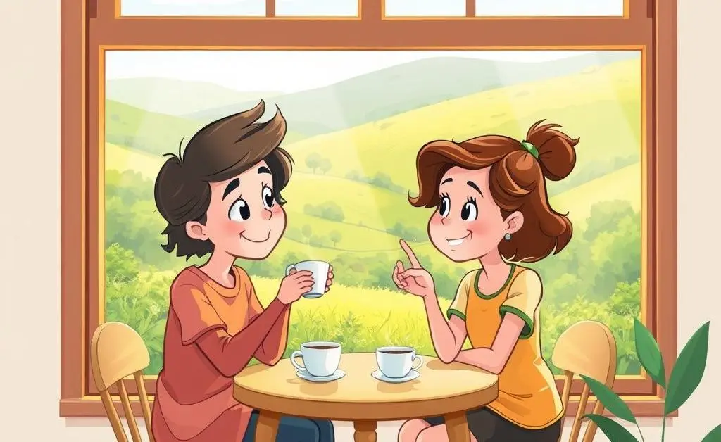 A cartoon-style image of two friends having a thoughtful conversation over tea, sitting by a window with a serene view