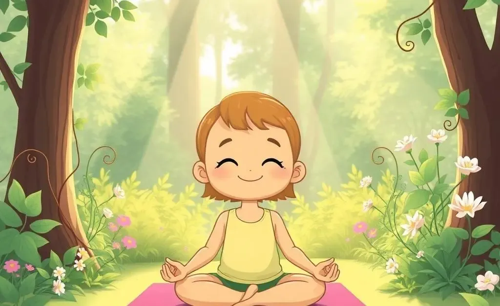 A cartoon person meditating in a calm environment.