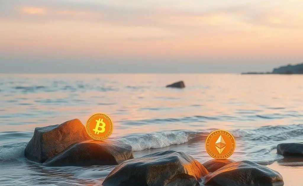 Calm seaside scene with crypto symbols in the sky