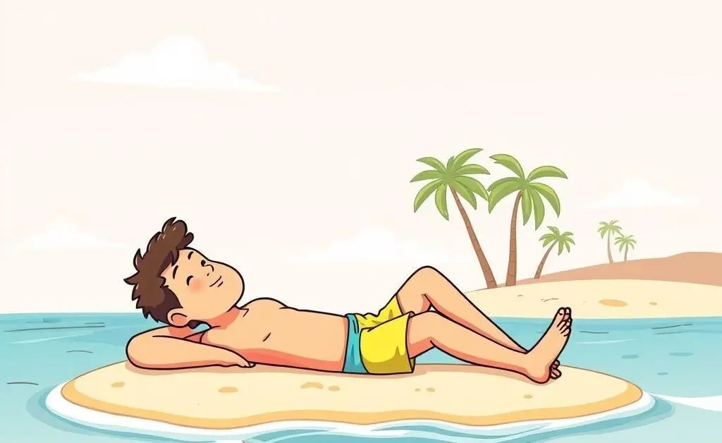 A cartoon-style drawing of someone relaxing on a beach under a calm sky.