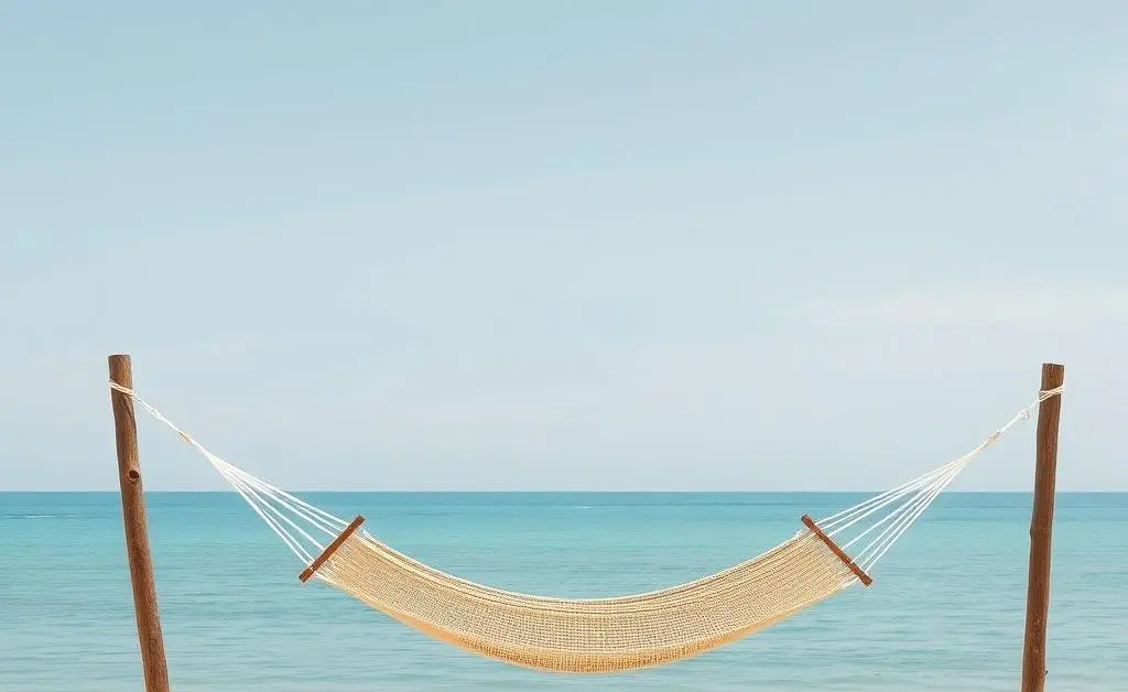 A minimalist depiction of a serene beach with a hammock, illustrating a peaceful retirement atmosphere
