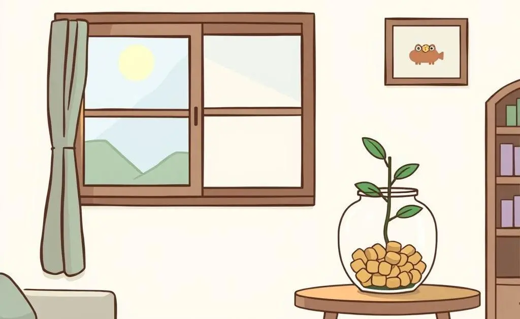 A peaceful room with a savings jar and a plant, symbolizing calm financial planning