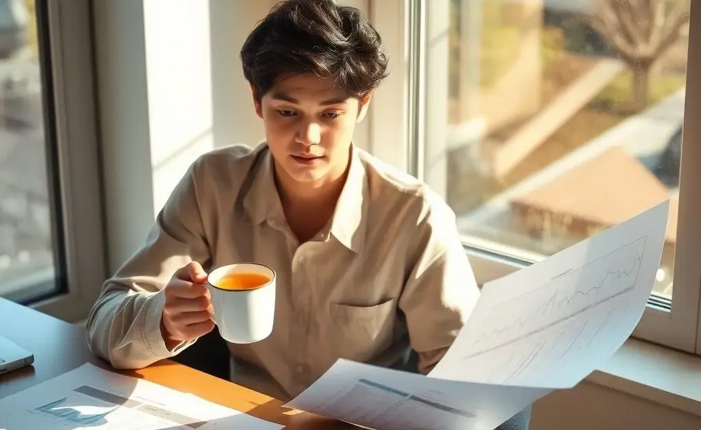 A calm scene of a person sipping tea while reviewing medical documents on a sunny day.