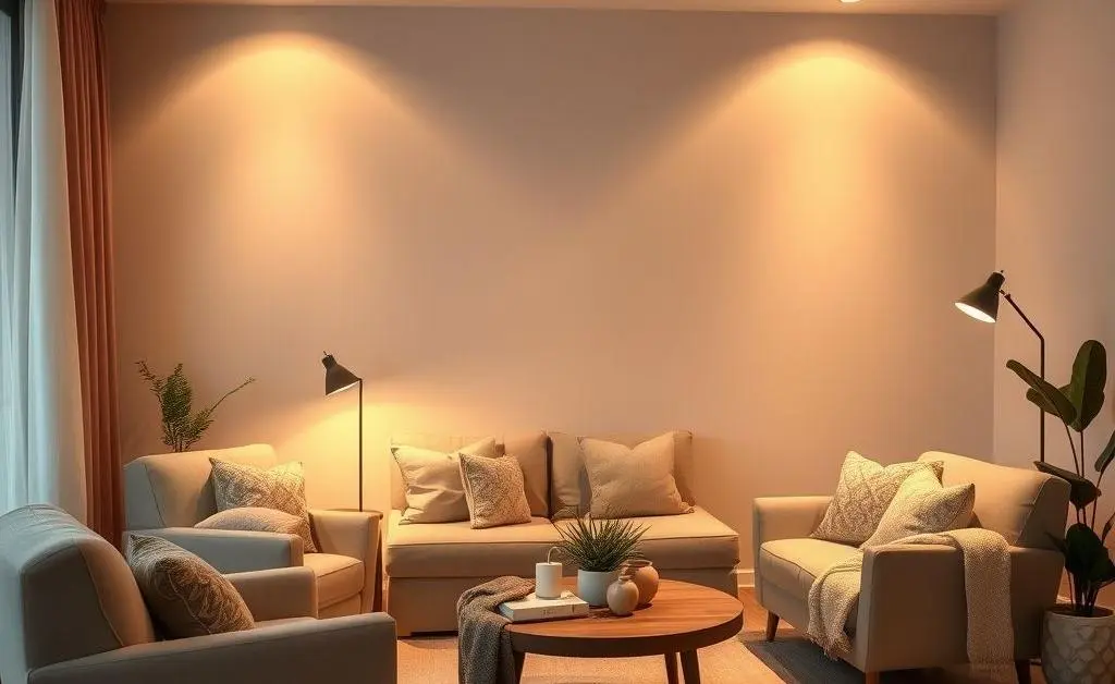 A cozy living room space set up for relaxation, featuring soft lighting and comfortable seating.