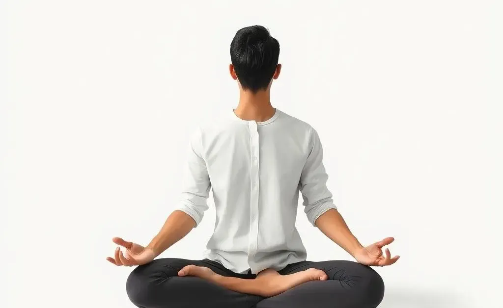 A minimalist image of a person meditating with financial tools like calculators and charts around them.