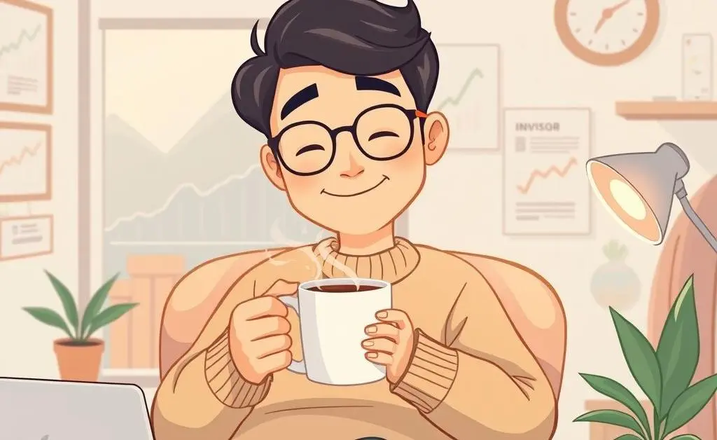 A calm investor relaxing with a steaming cup of coffee