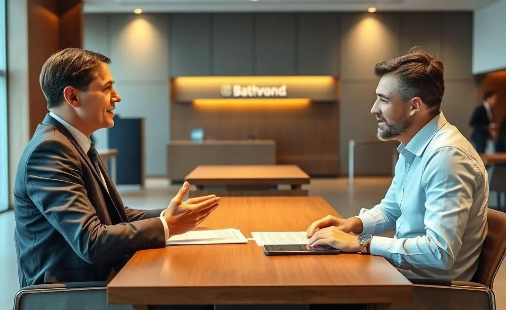 A bank employee calmly discussing with a client across a table.