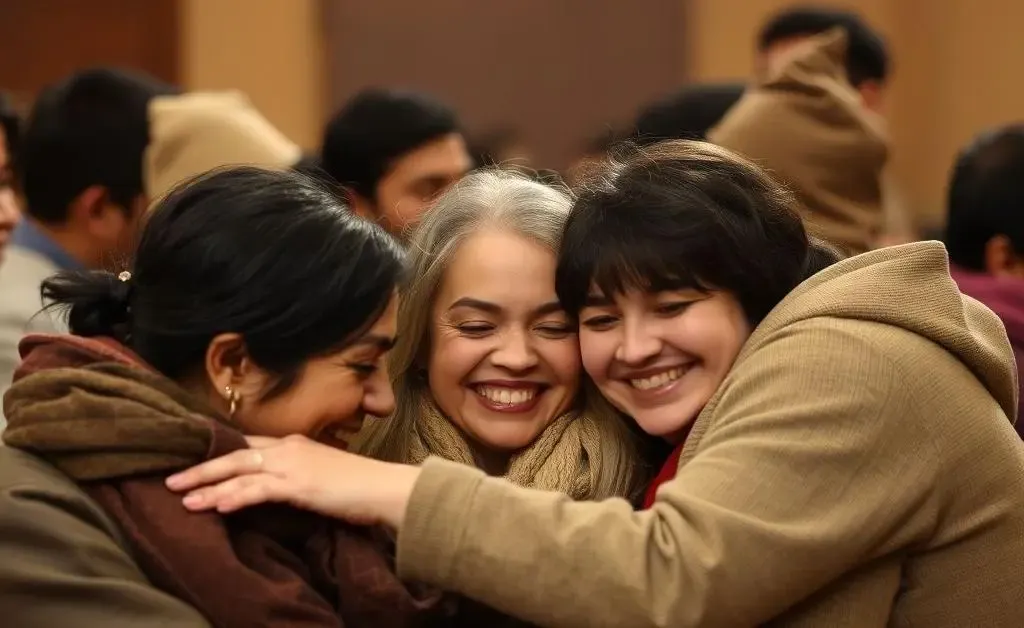 A peaceful scene with people huddled together in a warm, inviting setting, each smiling and engaged.