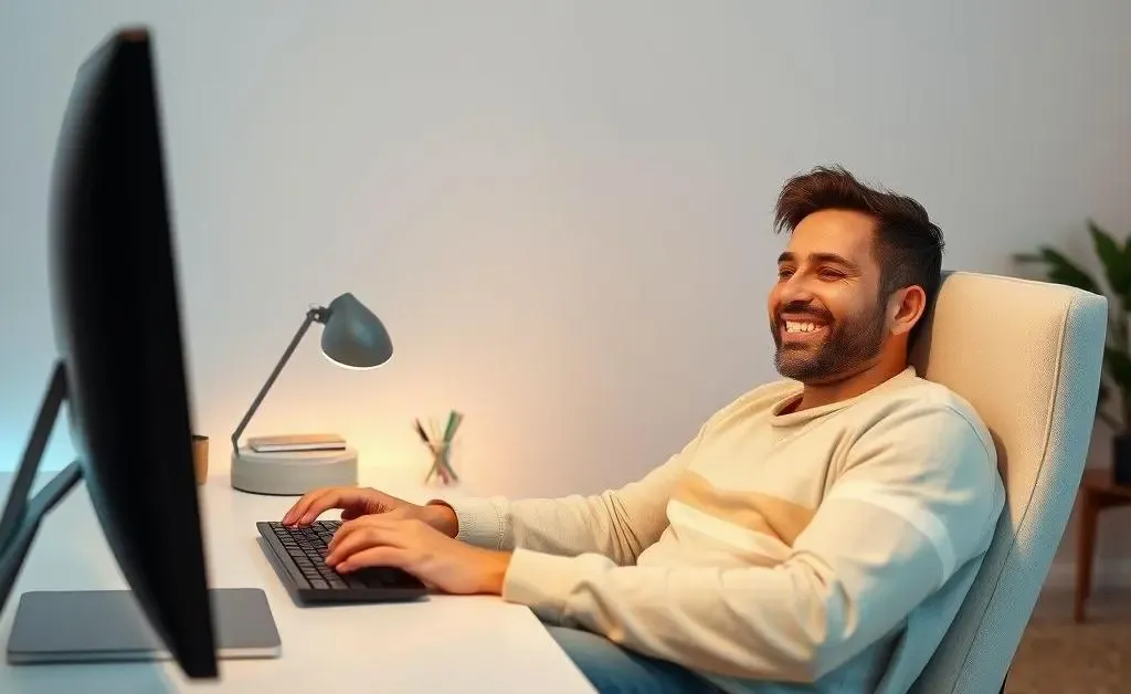 A relaxed user sitting at a desk, happily making a safe online purchase on a computer.
