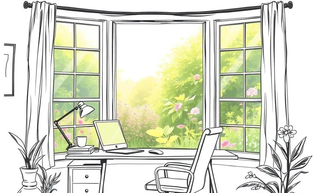 A hand-drawn image of a relaxed home office environment with a serene outdoor view.