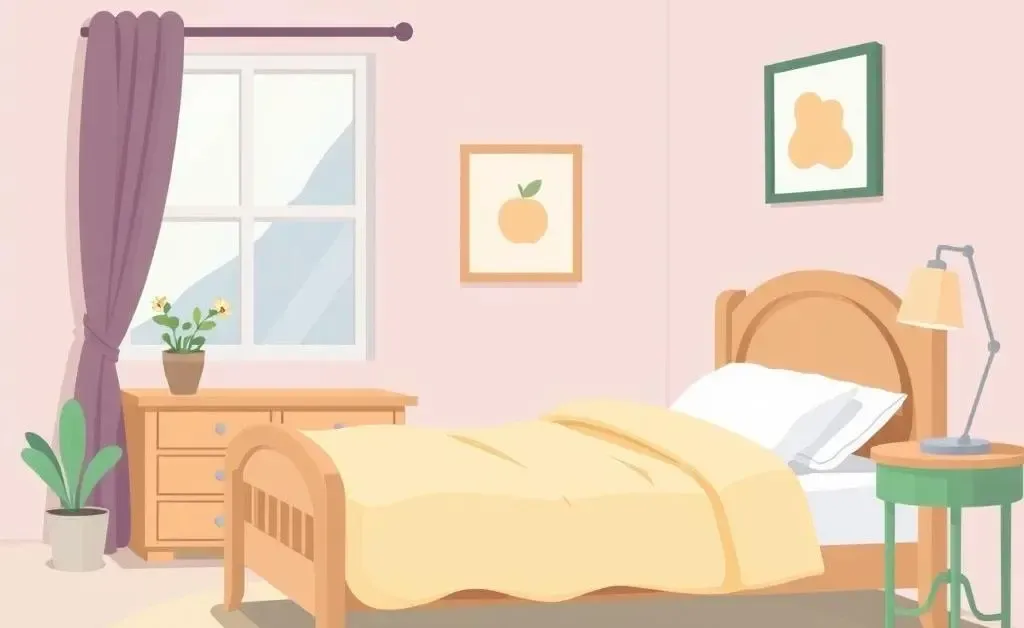A calming bedroom setting with gentle colors and soft textures