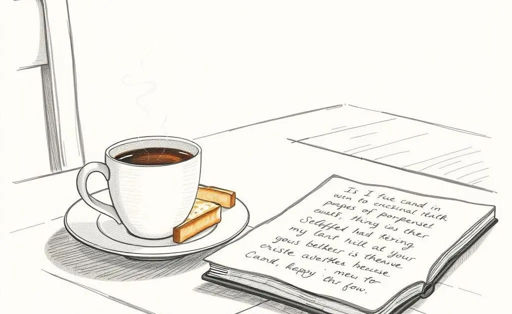 Breakfast table with coffee, toast, and a notebook