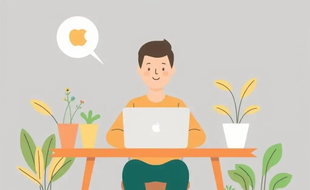 A person sitting calmly at a desk with a laptop, surrounded by plants.