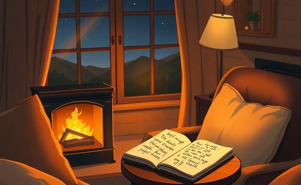 Illustration of a cozy evening setting with dim lights and a person journaling before bed.
