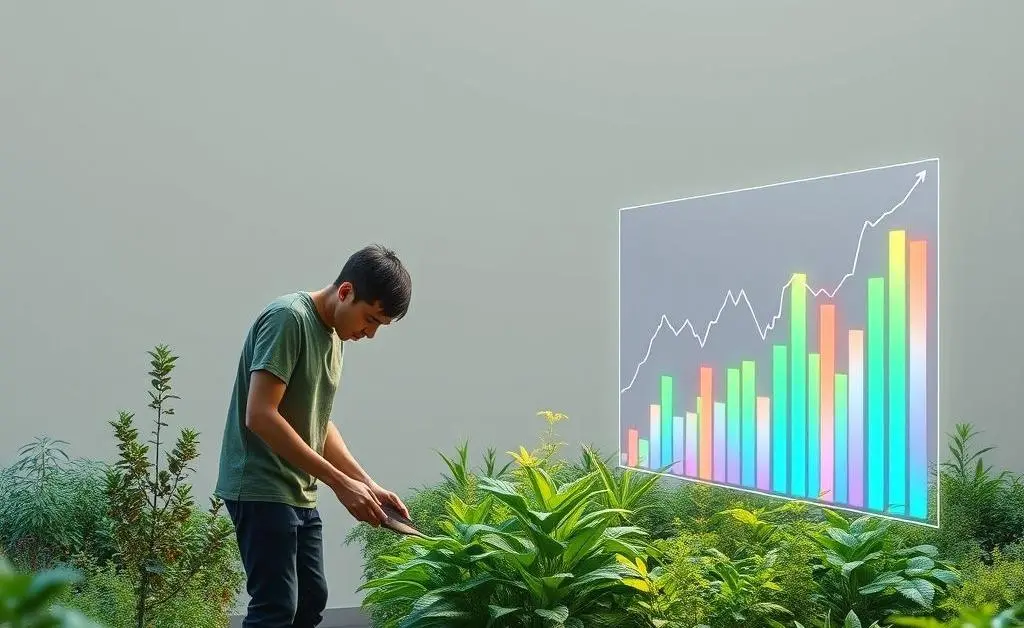 Modern minimalist image of a person gardening with financial charts beside them