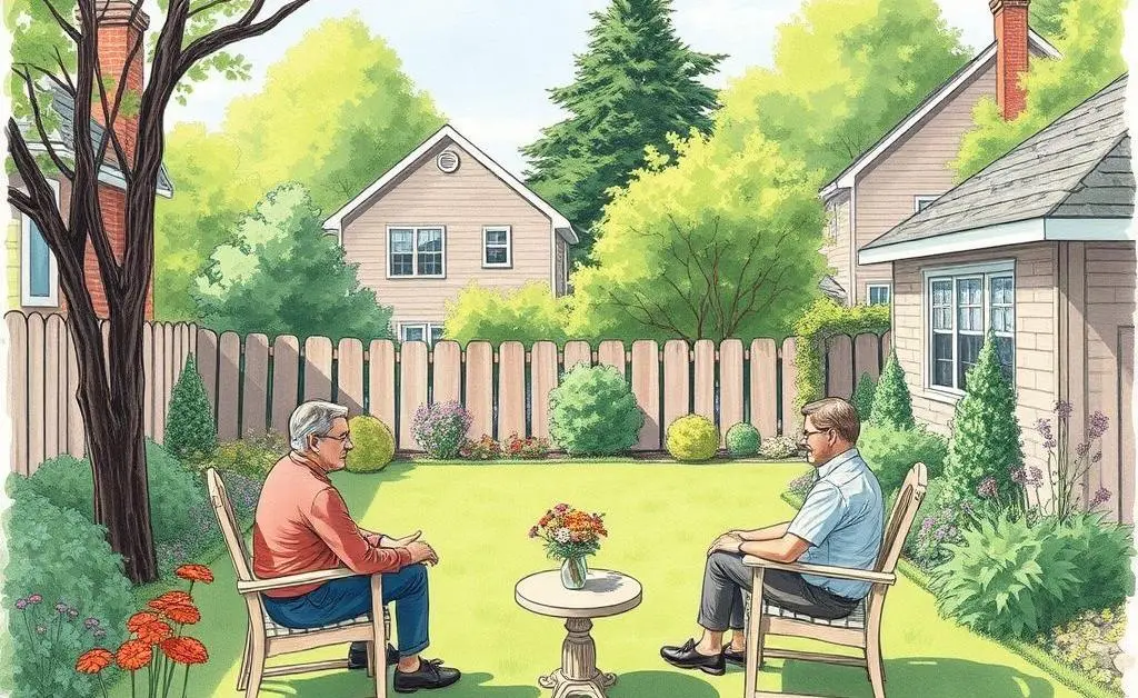 Drawing of a tranquil garden setting for mediation between neighbors