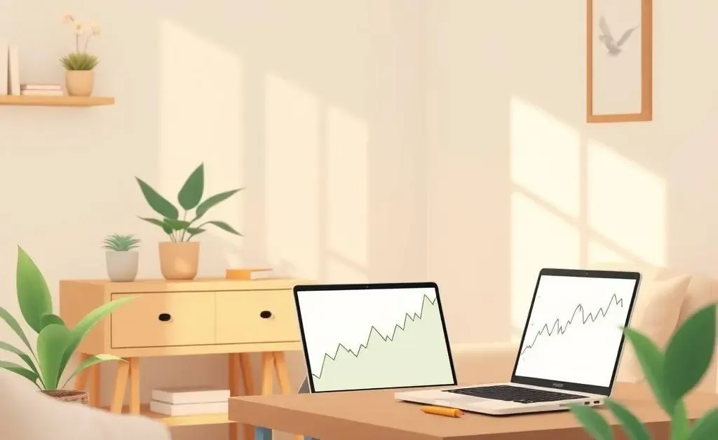 Peaceful home office with calming atmosphere and stock graph on laptop.