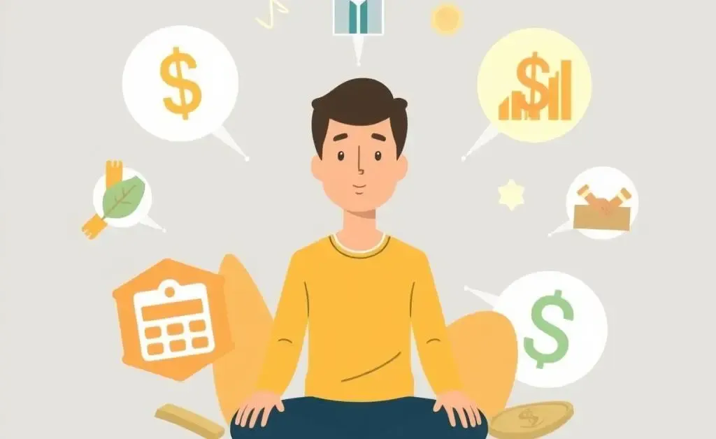 A calm person with abstract symbols of investments