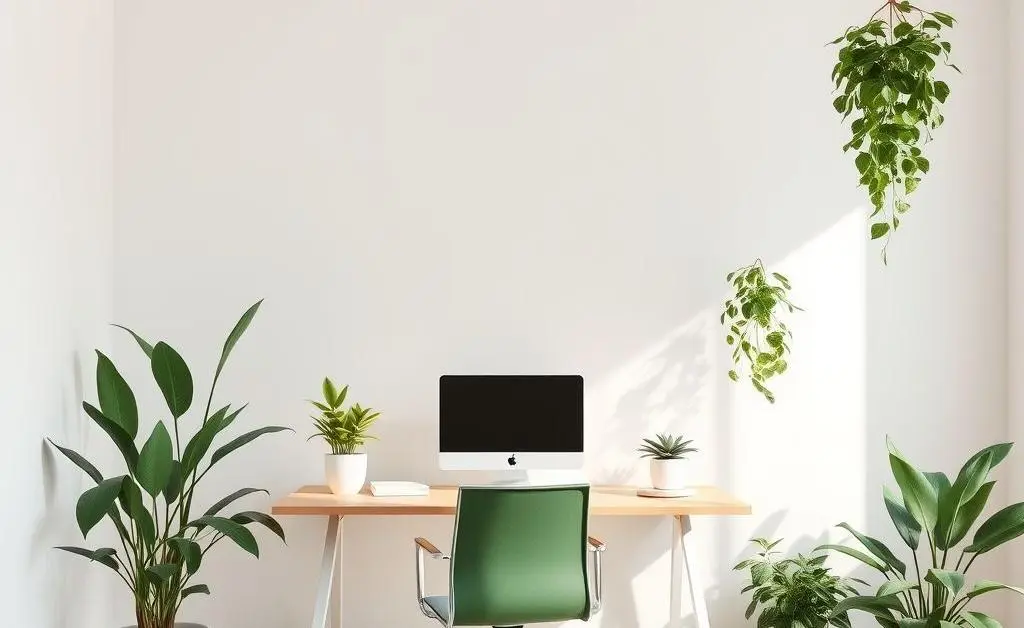 A minimalist, calming office space with indoor plants and soft colors.