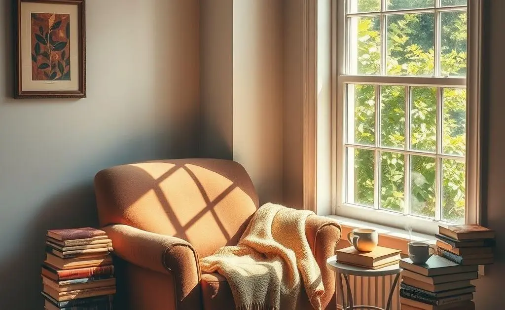 A serene reading nook by a window with a comfortable chair and books.