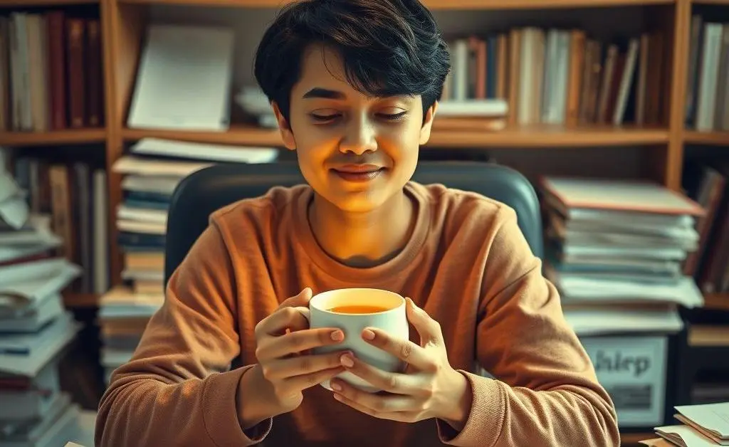 A person having a calming tea break to process insurance issues.