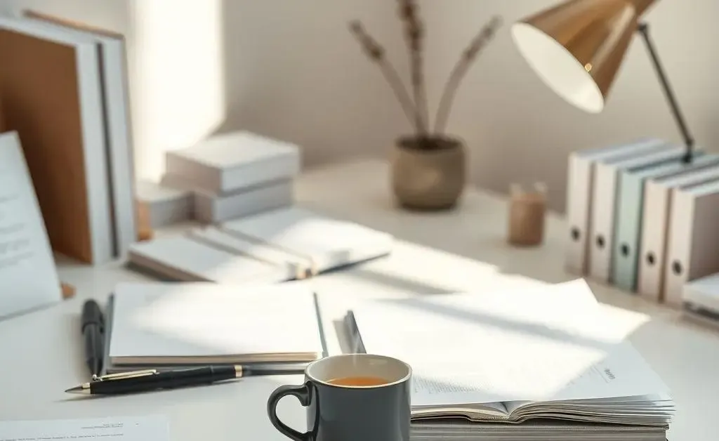 A tidy and calming workspace with legal documents and a coffee cup.