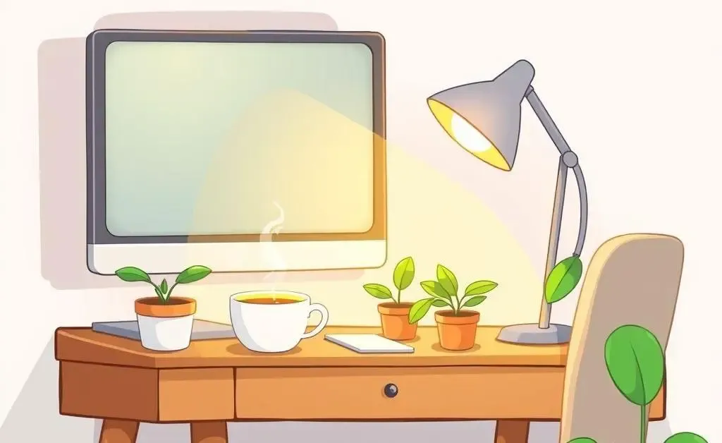 A calming workspace with a plant and tea