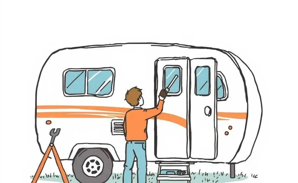 A person inspecting damage on a camper, with tools and a checklist.