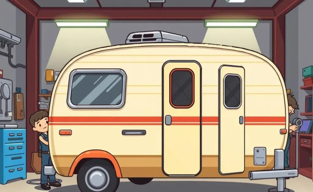 A cartoon-style image of a camper in a repair shop.