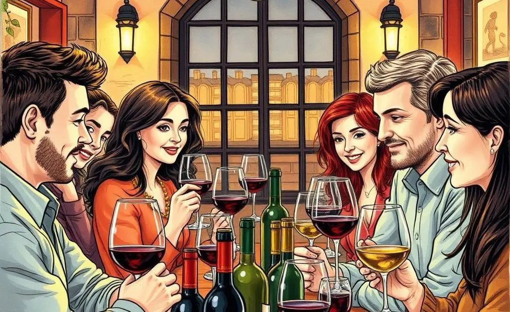 Hand-drawn image of Canadians enjoying a wine tasting event, showcasing various global wines
