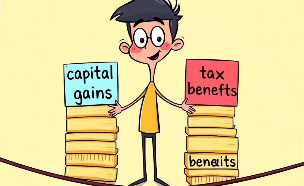 Cartoon person balancing two stacks labeled 'capital gains' and 'tax benefits.'