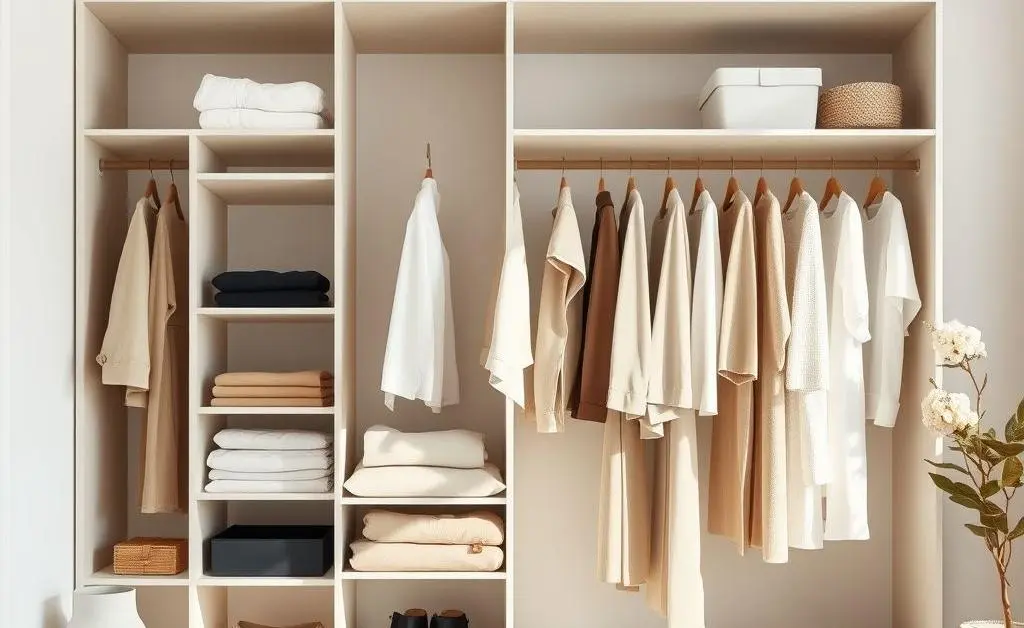 A neatly hung capsule wardrobe showcasing simplicity and functionality.