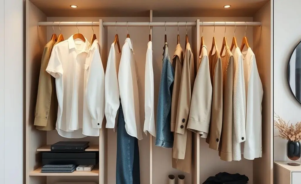 A small wardrobe with neatly arranged clothing items demonstrating the idea of a capsule wardrobe