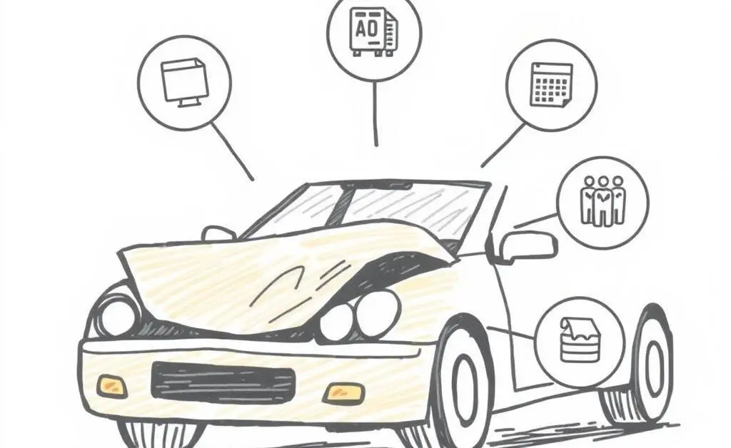 Hand-drawn image of a car accident scene with icons representing the claims process.
