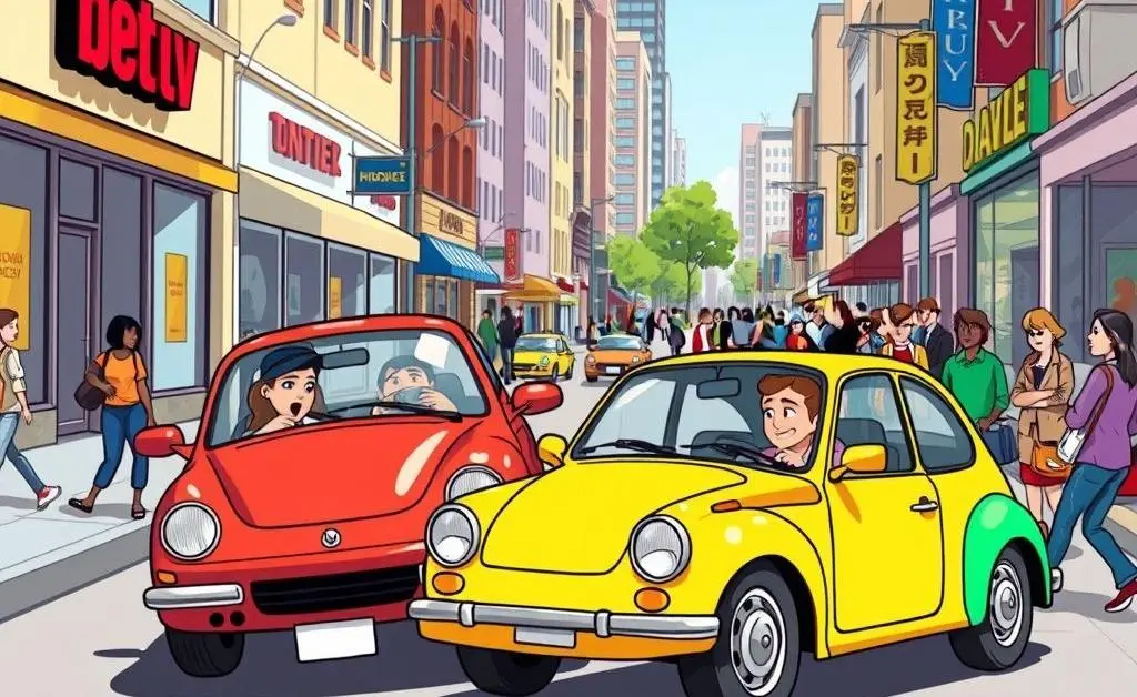A cartoon illustration of a small car accident on a busy street.
