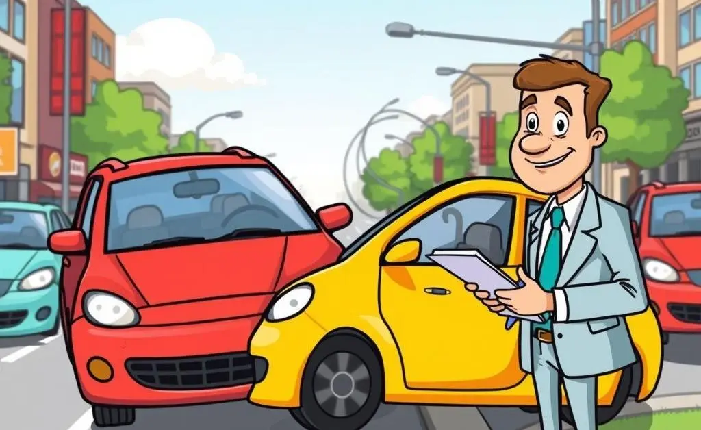 A minor car accident scene with two cars and a concerned driver