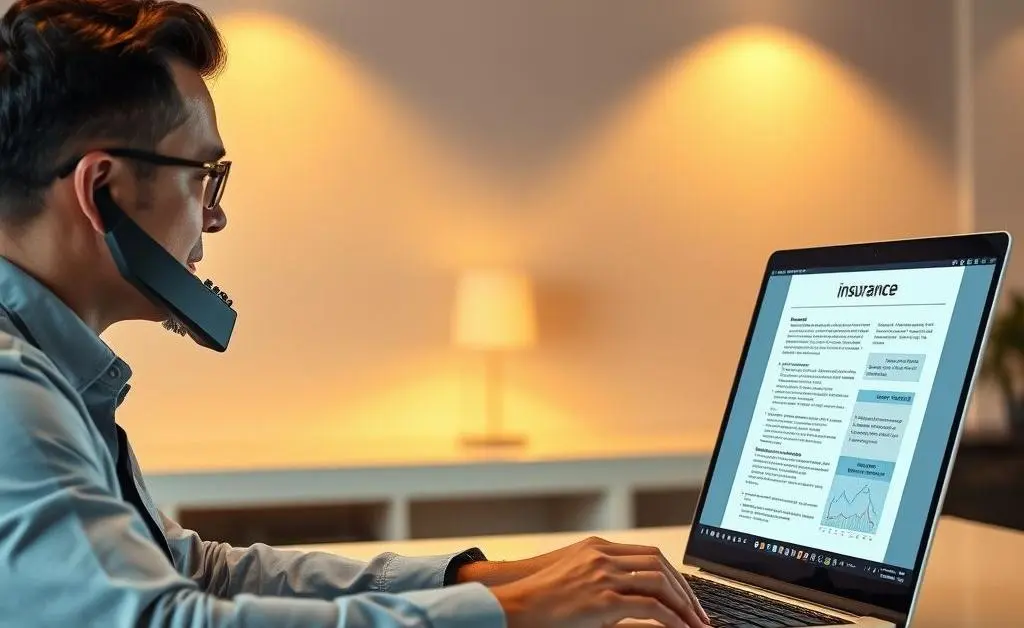 A person on the phone with an insurance agent, computer open showing a policy document