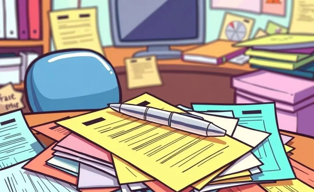 Desk with car accident papers and a pen