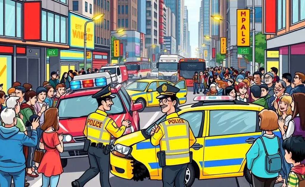 A car accident scene on a street with police and bystanders