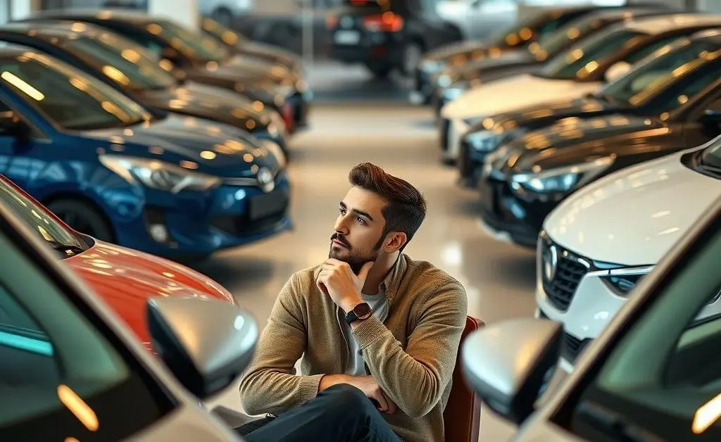 A person in a car showroom surrounded by different car models, reflecting on their choice