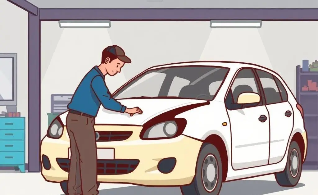 Clean, minimalist cartoon of a mechanic inspecting car damage in a workshop setting.