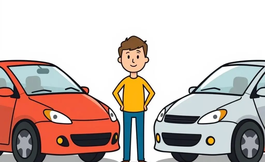 A person standing between two cars, representing a decision dilemma.