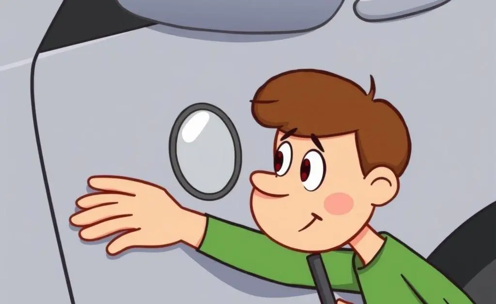 A cartoon person examining a minor dent on a car with a magnifying glass.