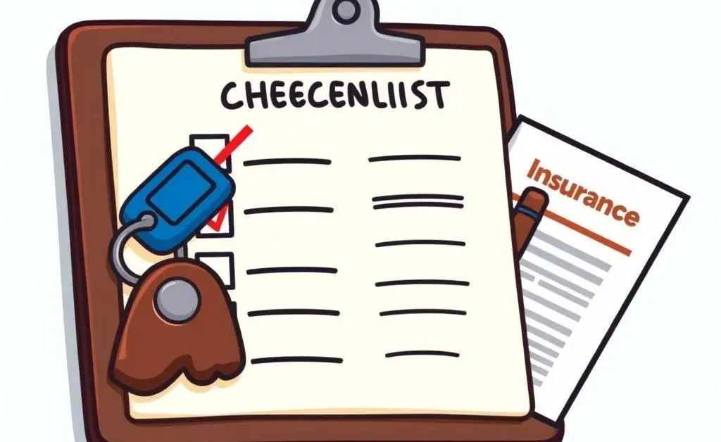 A checklist with car keys and insurance documents